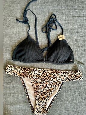 Victoria Secret Women’s Black Triangle Bikini Top with Leopard Print Bottom